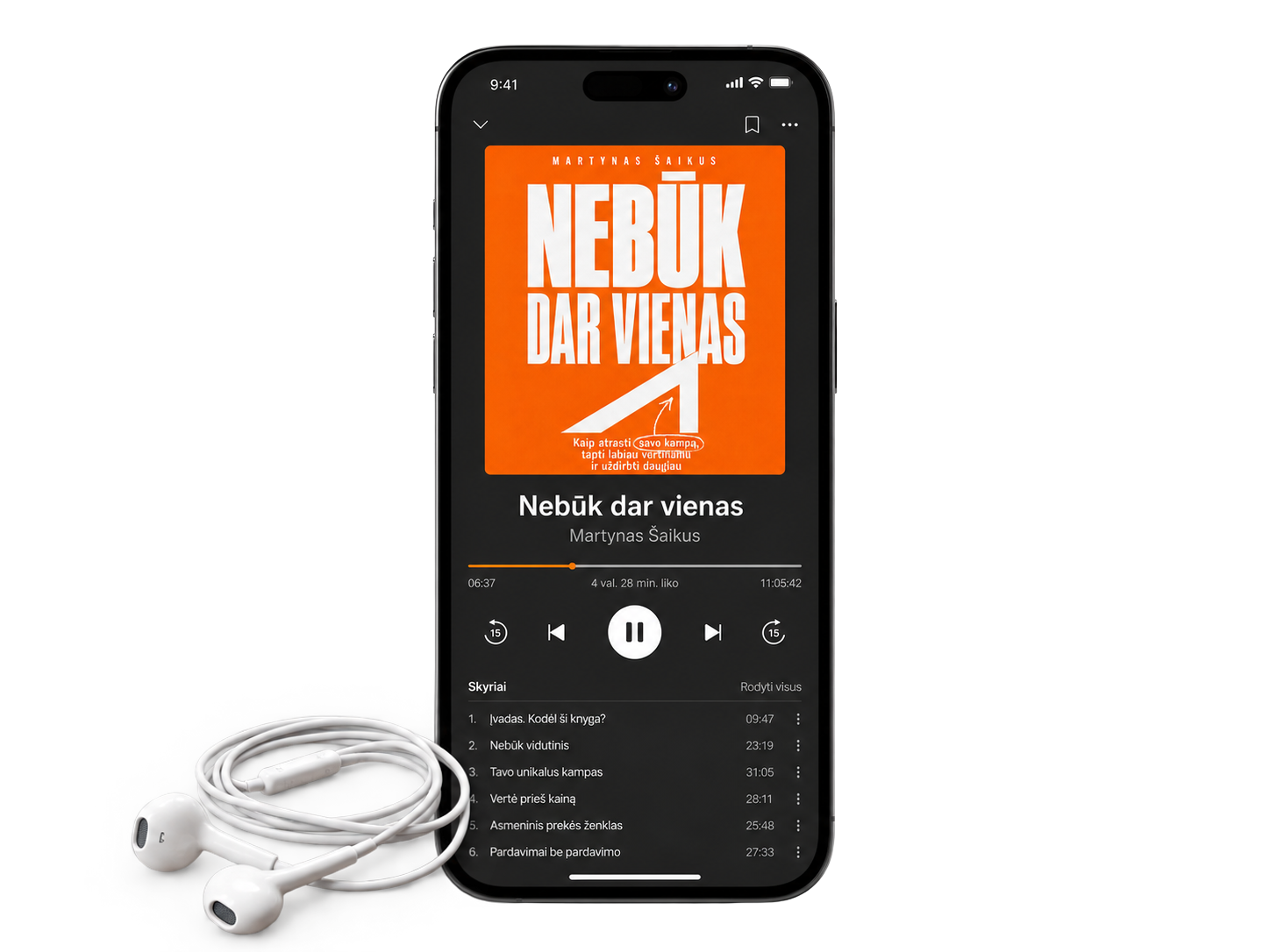 Audioknyga „Nebūk dar vienas“ telefone su baltomis ausinėmis su laidu